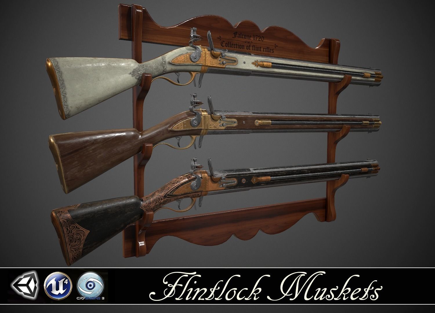 double barreled flintlock rifle 3 skins 3d model low poly obj