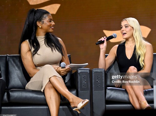 NEW YORK, NEW YORK - AUGUST 17: (L-R) Taylor Rooks and Livvy Dunne speak onstage during the Fanatics