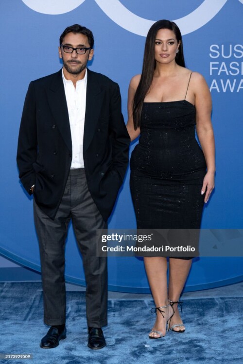 Italian designer Lorenzo Serafini and American model Ashley Graham at Milan Fashion Week Women's Col