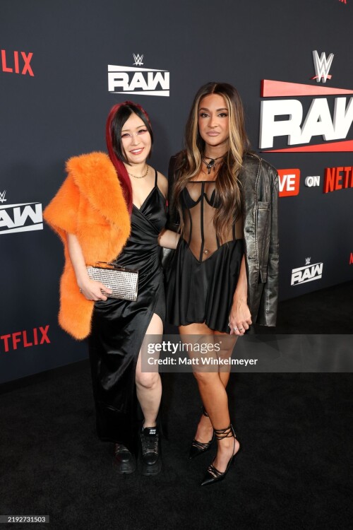 INGLEWOOD, CALIFORNIA - JANUARY 06: (L-R) Iyo Sky and Dakota Kai attend Netflix's Debut of WWE Monda