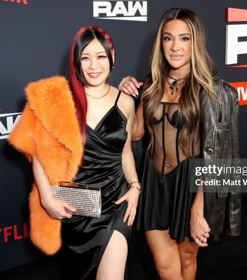 INGLEWOOD, CALIFORNIA - JANUARY 06: (L-R) Iyo Sky and Dakota Kai attend Netflix's Debut of WWE Monda